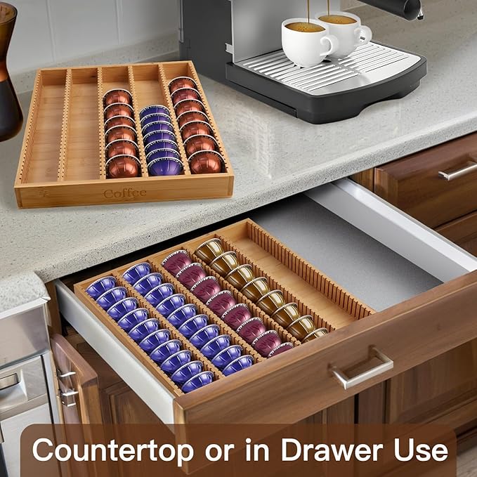 Bamboo Coffee Pod Storage Holder Drawer Insert K Cup Holder Pod Organizer Compatible with Nespresso Vertuo Vertuoline Capsules for Kitchen, Home, Office, Coffee Station Counter