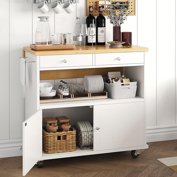 Rolling Kitchen Island with Folding Drop Leaf Breakfast Bar, 35.4'' W Kitchen Cart with Storage Cabinet and 2 Drawers, Portable Mobile Kitchen Island Table with Towel Rack, Lockable Wheels, White