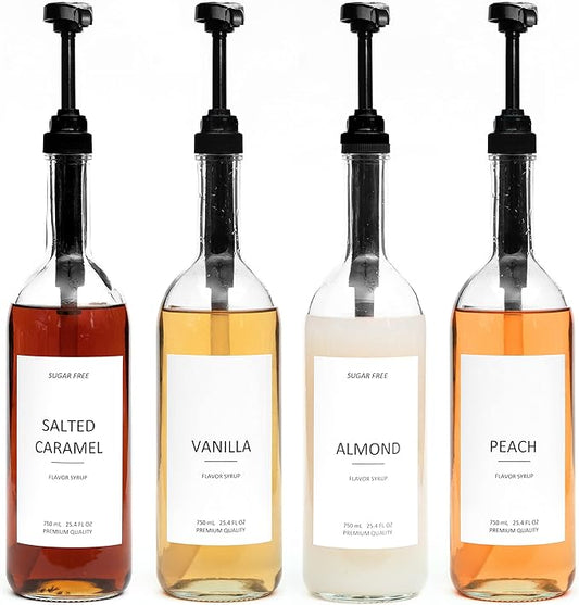 Demi's Home 25.4 oz 750 ml Glass Coffee Syrup Dispenser for Coffee Bar - 4 Pack - Comprehensive Label Set & ¼ oz Pumps Included