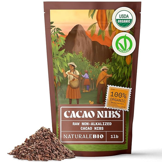 NaturaleBio Cacao Nibs Organic 1 lb. Unsweetened, Non-Alkalized and Pure. Sugar-Free Dark Chocolate Chips Substitute. Non-GMO, Gluten Free, Tested for Heavy Metals. From Raw Cacao Beans