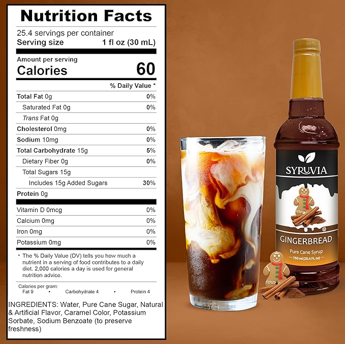 Syruvia Gingerbread Syrup for Coffee, Flavored Syrup for Drinks, Lattes, and Desserts – 25.4 fl oz, With Pump