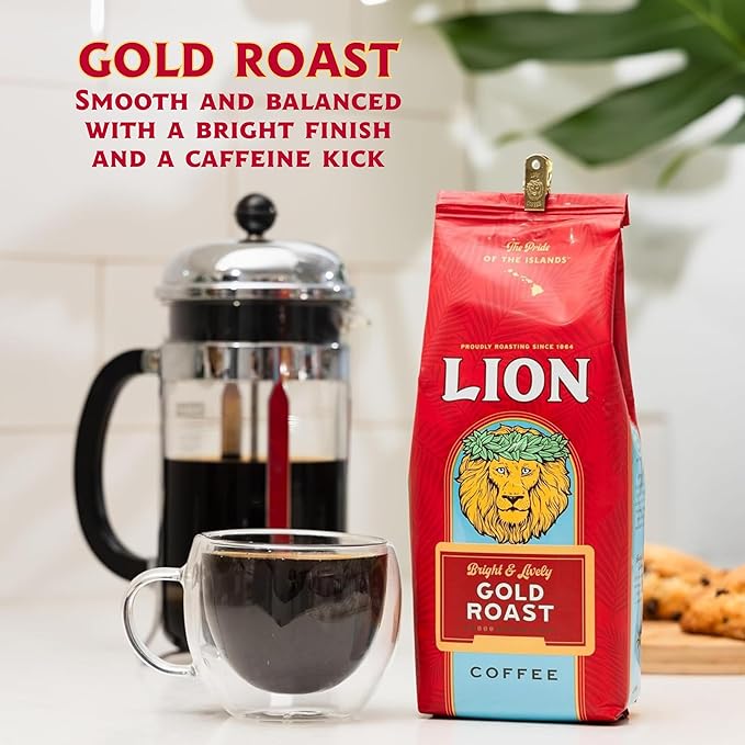 Lion Coffee Gold Roast Ground Coffee, Medium-Light Roast, A Taste of Aloha - 24 Ounce Bag