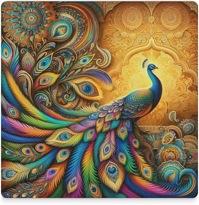 Square-6PCS Peacock Drink Coasters, Square Modern Ceramic Absorbent Coasters, Beautiful Colorful Floral Peacock Boho Art Pattren Decor Desk Coffee Table Coaster for Beverage Cup Tea Coasters