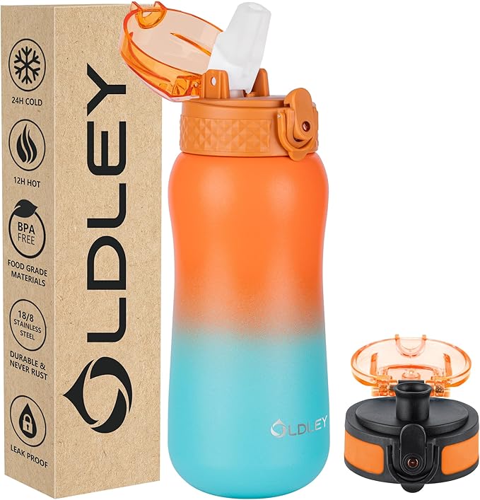 OLDLEY Insulated Kids Water Bottle 12oz, Stainless Steel, Double Wall, Leak-Proof, School Travel, Ombre Orange-Green