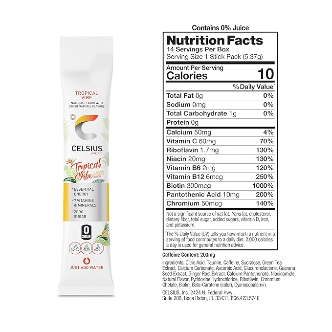 CELSIUS On The Go TROPICAL VIBE,Sugar Free Energy Drink Mix,(Pack of 28)