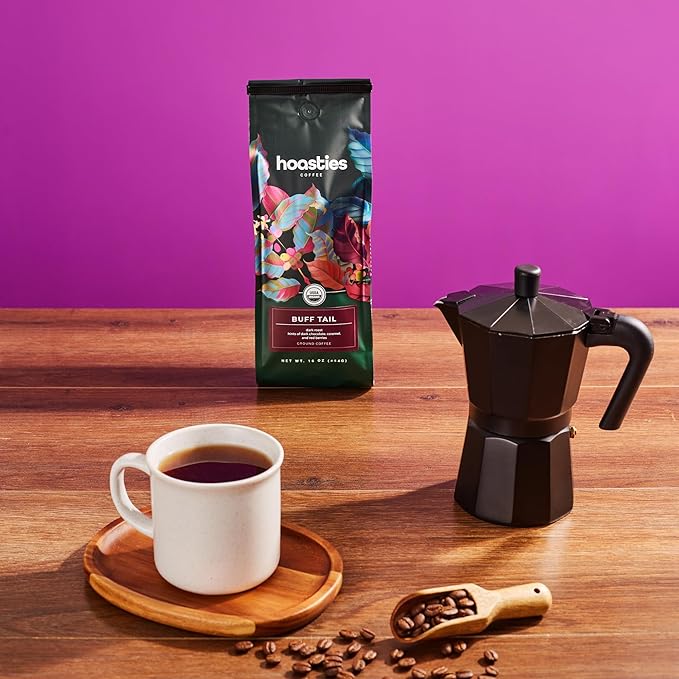 Hoasties Coffee Buff Tail - Dark Roast Ground Organic Coffee, Made with 100% Colombian Arabica Coffee Beans, 16 ounces