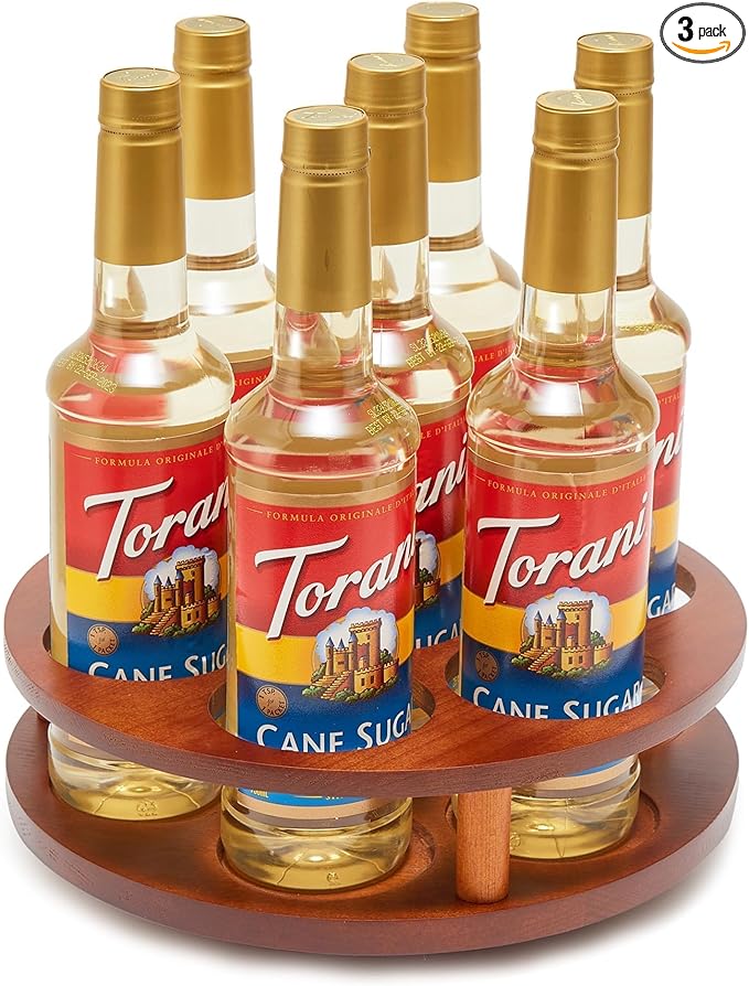 Wood Rotating Coffee Syrup Organizer, 7 Bottles Coffee Syrup Rack, Coffee Station Organizer with Large Base and Anti-Slip Pads