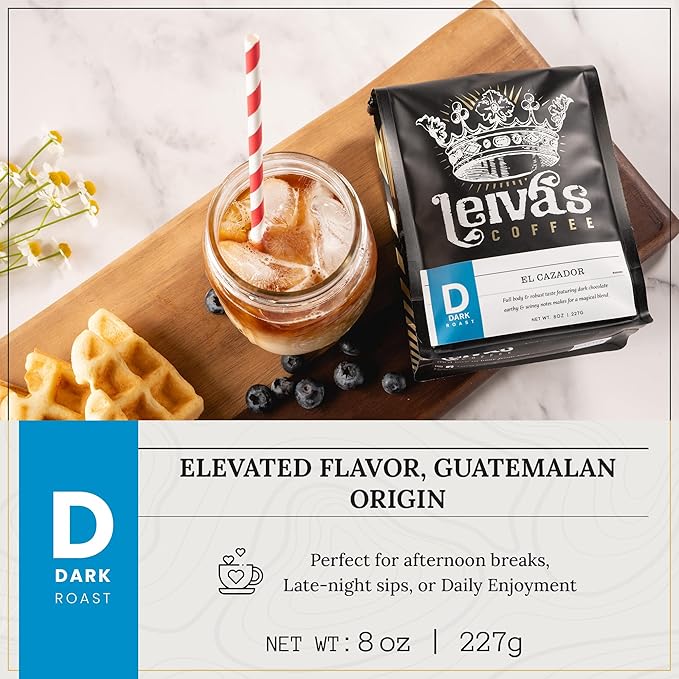 Leiva’s Dark Roast Ground Coffee (8 Oz) - Roasted to Order, Micro-Lot Guatemalan Beans - El Cazador Coffee Grounds w/Vanilla, Blueberries & Chocolate Notes - Earthy, Winey Low Acidity Roast