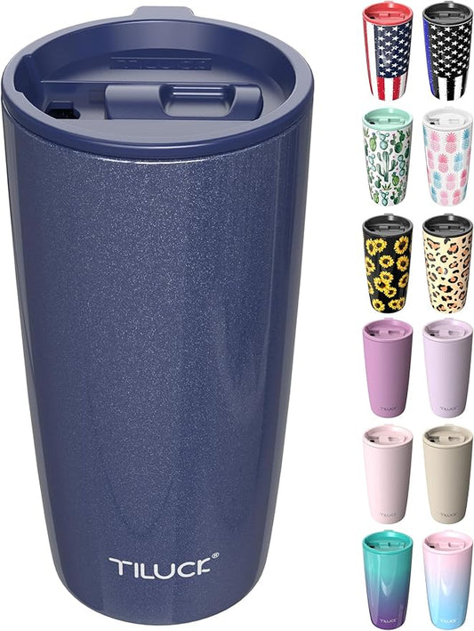 TILUCK 20 oz Tumbler with Lid, Vacuum Insulated Stainless Steel Coffee Mug, Double-Walled Travel Tumbler for Hot and Cold Drinks(GlitterNavy, 20oz)