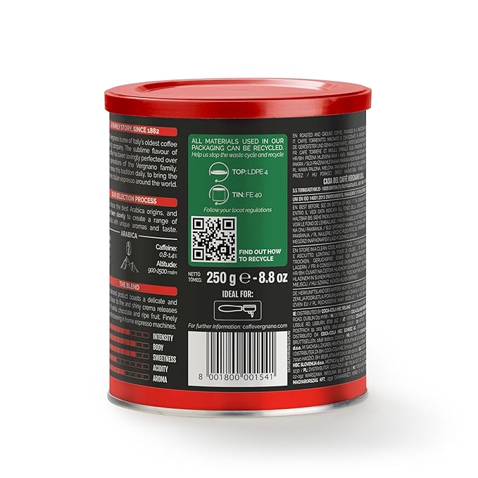 Caffe Vergnano Italian Finely Ground 100% Arabica Espresso Coffee – Intensity 6, Delicate & Subtly Fruity Flavor Blend, Slow Roasted with Notes of Milk Chocolate, Caramel & Nuts, 8.82 oz Tin