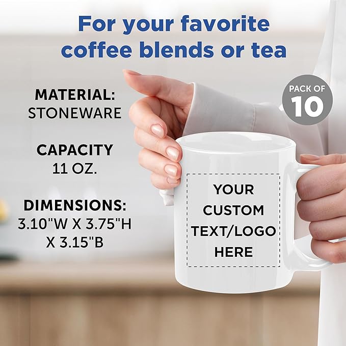 Custom Ceramic Coffee Mugs 11 oz. Set of 10, Personalized Bulk Pack - Coffee cup set, Iced coffee cup, Gaming mug - Creamy White