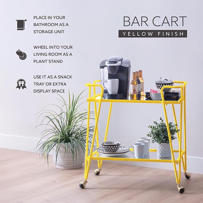 Gina Yellow Mid Century Bar Cart with Mirrored Shelves by Linon