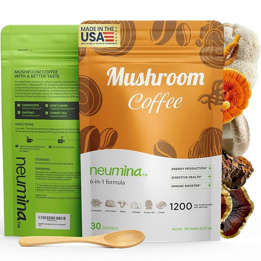 Neumina 6-in-1 Mushroom Coffee | Energy Coffee with 6 Adaptogenic Mushrooms(Cordyceps, Lion's Mane, Reishi, Chaga, Shiitake, Turkey Tail), 30 Servings, 1200mg Mushrooms