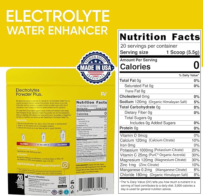 PowderVitamin Electrolytes Powder Plus (20 Servings) Orange Pineapple Electrolyte Powder Zero Calorie Keto,0 Sugar, No Maltodextrin,1000mg Potassium,120mg Calcium,120mg Magnesium, Pink Himalayan Salt