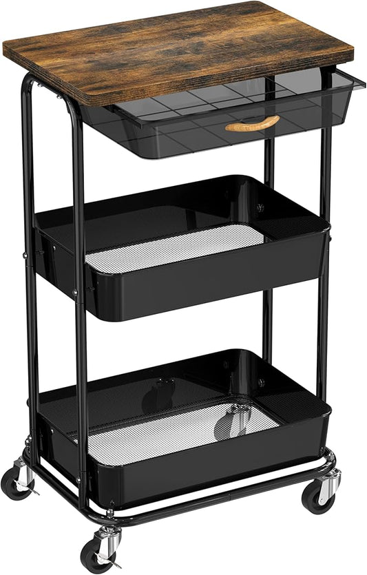 Simple Houseware 3-Tier Rolling Utility Cart with Drawer & Wood Tabletop - Mobile Sofa Side Table, Nightstand, Slim Storage Organizer Trolley for Bedroom, Bathroom, Office & Art Supplies, Rustic Brown