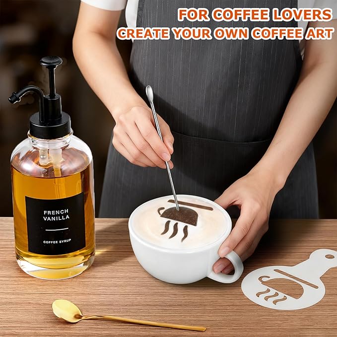 Coffee Syrup Dispenser for Bar, Glass Syrup Bottle with Pump, Coffee Pump Dispenser Bottle with Tray, Spoon for Station, Black,16.9 oz, 500 ml