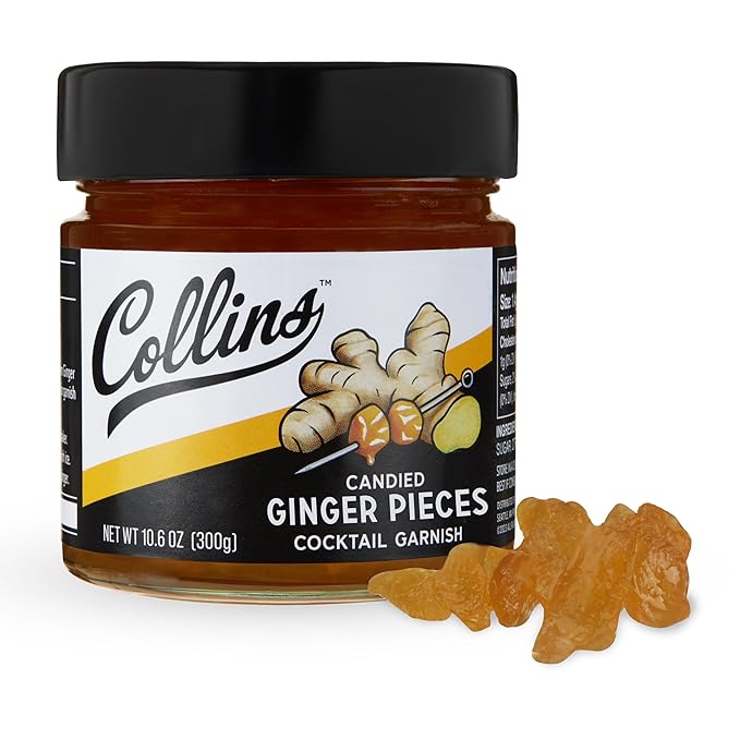 Collins Candied Ginger in Syrup for Cocktails, Gluten Free Skinny Cocktail Garnish for Whiskey, Rum, Martini, Mojito, Gin, Moscow Mule, Tea, Desserts, Baking, Home Bar, 10.6 oz, Set of 1