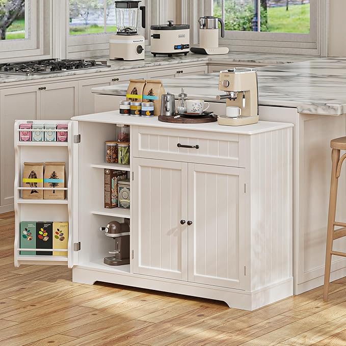 Gizoon Kitchen Coffee Bar Cabinet with Storage Kitchen Sideboard Buffet Cabinet with Drawers, Short Pantry with Door and Shelves for Bathroom and Living Room, White