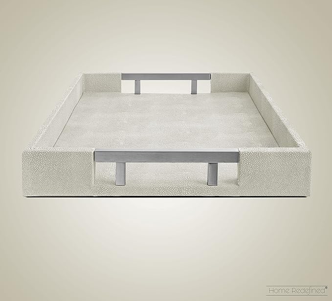 Modern Elegant 17.5"x12" Rectangle Natural Ivory Beige Faux Leather Shagreen Decorative Tray Ottoman Coffee Table Perfume Vanity Kitchen Serving Tray with Silver Metal Handles by Home Redefined.