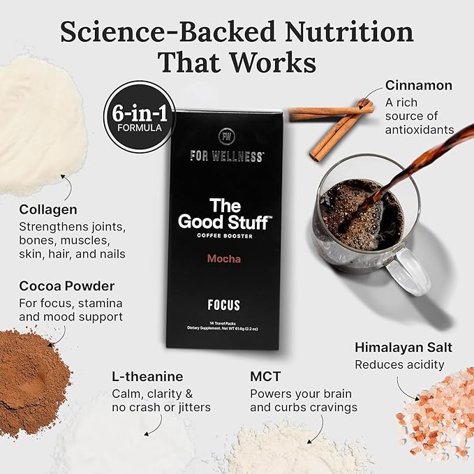 For Wellness The Good Stuff Focus | Healthy Mocha Coffee Creamer Powder with Collagen, MCT Oil & L-Theanine | Keto Non-Dairy Coffee Booster for Focus & Energy | 14 Servings