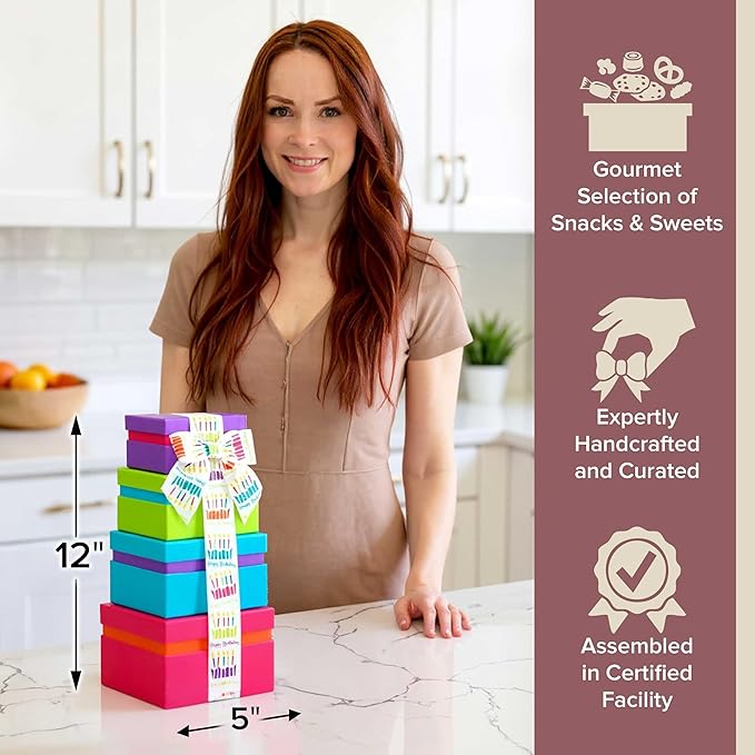 Broadway Basketeers Birthday Gift Basket Tower - Birthday Snack Box with Sweet and Savory Treats for Men, Women, & Kids
