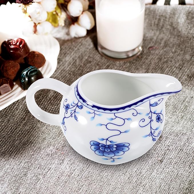 170ml/5.99oz Creamer Pitcher Small Porcelain Ceramic Creamer Pitcher Small Blue and White with Handle for Coffee Sauces Salad Milk