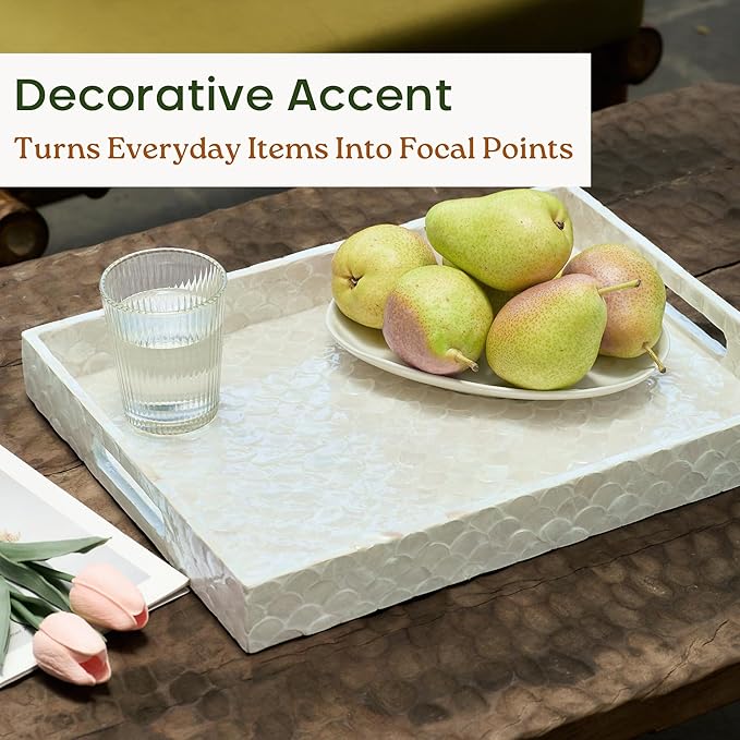 Capiz Decorative Tray 15.8” x 11.8” x 1.8" Rectangular Tray, Natural Handmade Serving Tray with Handles for Coffee Tables, Ottoman, Vanity, Kitchen, Coastal Boho Home Decor, White