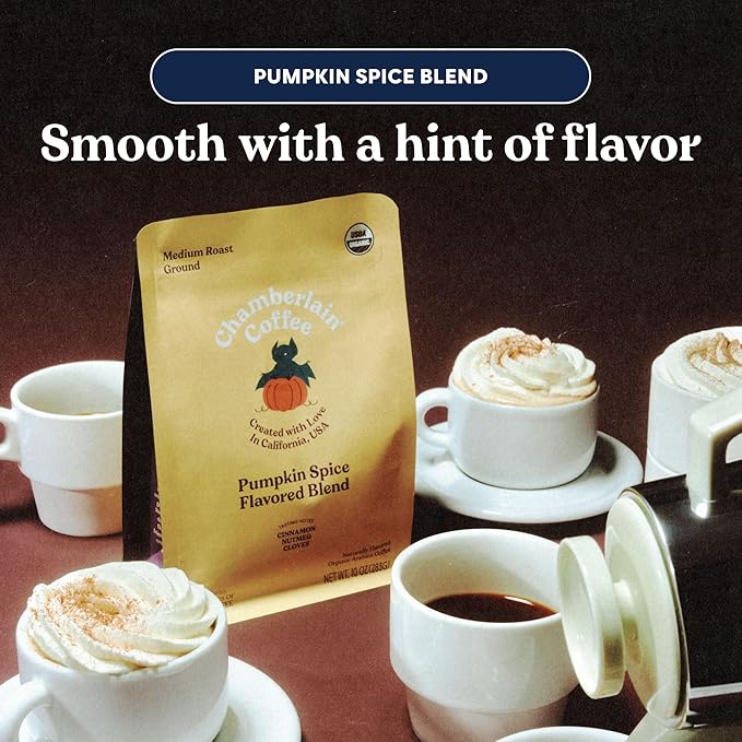 Chamberlain Coffee Pumpkin Spice Blend – Medium Roast Ground Coffee, Smooth and Well-Balanced with Warm Notes of Cinnamon, Nutmeg, and Clove, Freshly Roasted in California - 10 oz