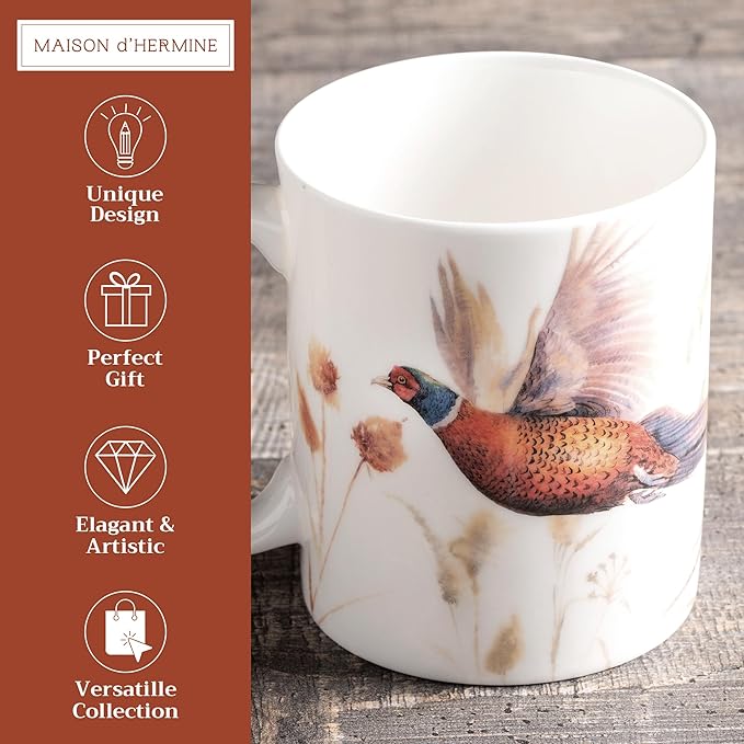 Maison d' Hermine Coffee Mug with Handles Fine Bone China Mugs Pack of One Tea Cups for Hot Beverages Cappuccino Latte Home Restaurant Office Perfect for Gift (Faisan D'Automne - Vol Libre, 12 Ounce)