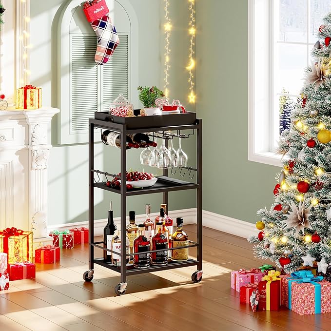TUTOTAK Bar Cart with Removable Tray, Home Bar Serving Cart, Drink Cart, Mobile Kitchen Shelf with Wine Rack and Glass Holder, Rolling Beverage Cart for Living Room, Kitchen, Black BC01BK036