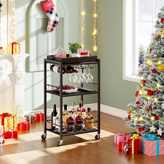 TUTOTAK Bar Cart with Removable Tray, Home Bar Serving Cart, Drink Cart, Mobile Kitchen Shelf with Wine Rack and Glass Holder, Rolling Beverage Cart for Living Room, Kitchen, Black BC01BK036