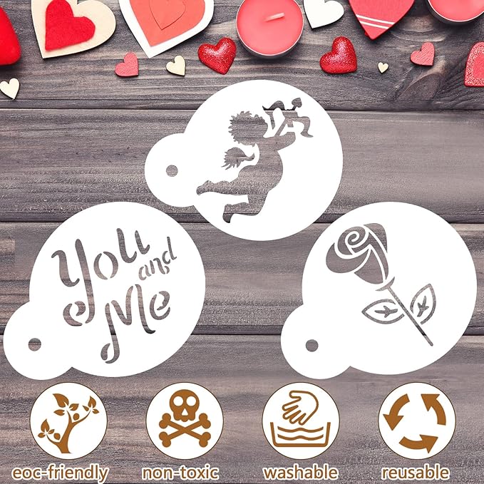 Outus 30 Pcs Valentines Cake Stencils Reusable Valentine Cookie Stencils Templates Decoration Coffee Dessert Baking Painting Mold Tools DIY Heart Cardmaking for Valentine's Day Party Supplies