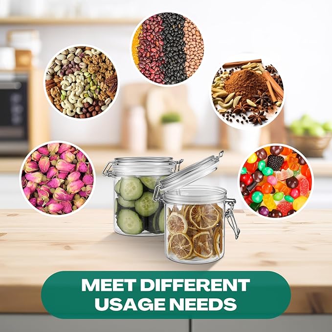 Suclain 6 Pcs 17 Oz/500ml Plastic Storage Jars with Airtight Hinged Lids, Clear Wide Round Mouth Food Storage Containers Empty Bottles Sealed Jars for Home Kitchen Candy Herbs Spices Coffee Nuts