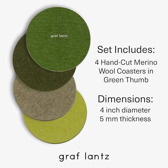 Graf Lantz - Bierfilzl Merino Wool Round Coasters Set of 4 - Green Thumb (4" Circles) - Absorbs 30% of Weight - German Wool - Heat Resistant, Sustainable, & Reusable - Home Decor & Coffee Table Decor