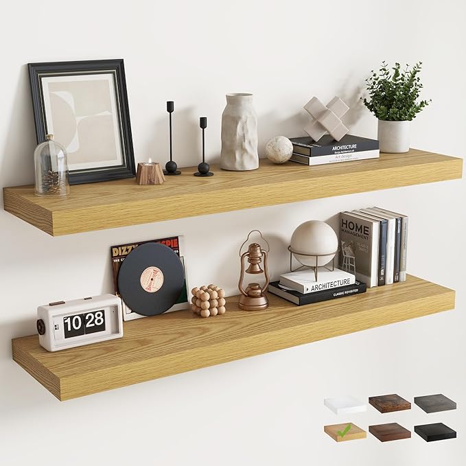 Floating Shelves for Wall with Invisible Brackets, Wall Mounted Engineered Wood Shelves with Wood Grain for Living Room, Bedroom, Bathroom, Kitchen Decor and Storage, Oak, 55"L Set of 2, Oak