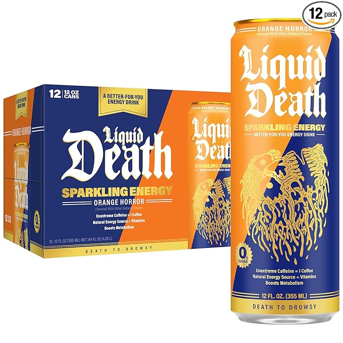 Liquid Death Sparkling Energy - Orange Horror (Orange and Cream), Sugar-Free Energy Drink, Unextreme Caffeine 100mg, B Vitamins, 12 Fl Oz (Pack of 12)