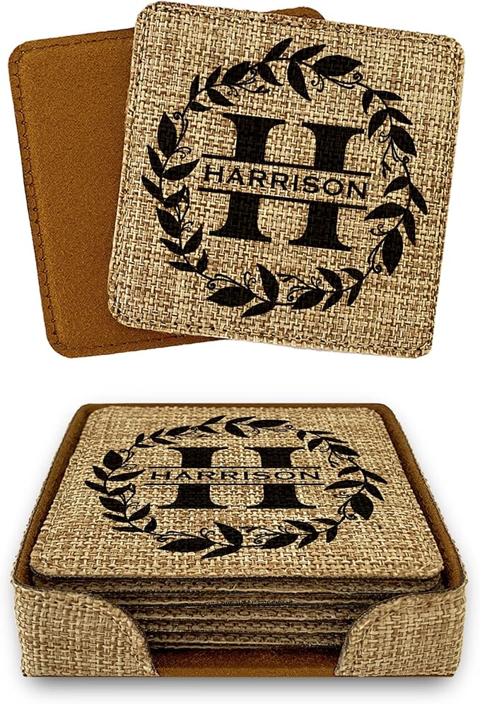 Smile Art Design Family Monogram PERSONALIZED COASTER Set of 6 with base Square Burlap Material Family Name Personalized Print Personalized Gifts House warming Wedding Gift Rustic Kitchen Decor Style3