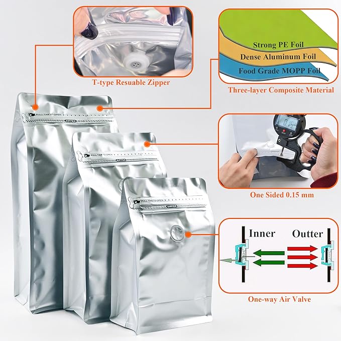12mil Stand Up Coffee Bags, Flat Bottom Pouch with one-way Air Release Valve and Reusable Side Zipper(Silver, 50PCS-Large-2.2lb/32oz/1kg)