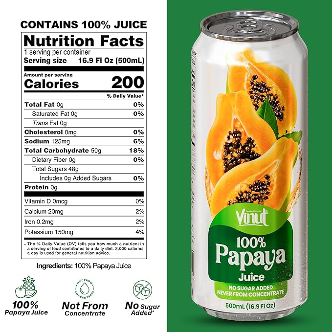 VINUT 100% Papaya Juice, No Added Sugar, Not From Concentrate, 16.9 fl oz (500 mL) Can, Pack of 12