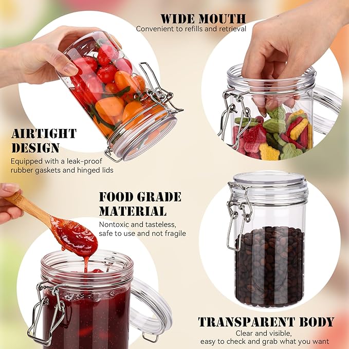 Suclain 6 Pcs 25 Oz/750 ml Plastic Storage Jars with Airtight Hinged Lids, Clear Wide Round Mouth Food Storage Containers Empty Bottles Sealed Jars for Home Kitchen Candy Herbs Spices Coffee Nuts