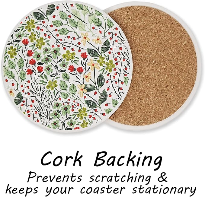 AD Set of 6 Coasters for Drinks Absorbing Round Ceramic Stone Coaster with Cork Base,Tabletop Protection Mat for Mugs and Cups,Office,Kitchen (Bontanicals)
