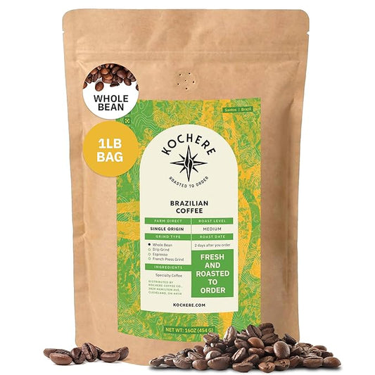 Kochere Brazilian Specialty Whole Bean Coffee – 1LB Medium Roast – Freshly Roasted to Order – Single Origin, Farm Direct, Smooth Cocoa Notes – Whole Bean