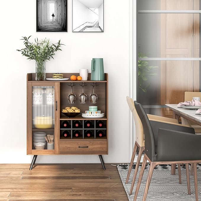 LOKO Farmhouse Coffee Bar Cabinet with Tempered Glass Door, 3-Row Glass Holder & 8-Grid Wine Rack, Buffet Sideboard with Wine Display, Rustic Brown