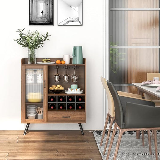 LOKO Farmhouse Coffee Bar Cabinet with Tempered Glass Door, 3-Row Glass Holder & 8-Grid Wine Rack, Buffet Sideboard with Wine Display, Rustic Brown