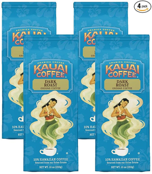 Kauai Coffee Koloa Estate Dark Roast – Ground Coffee, 10 oz Package (Pack of 4)