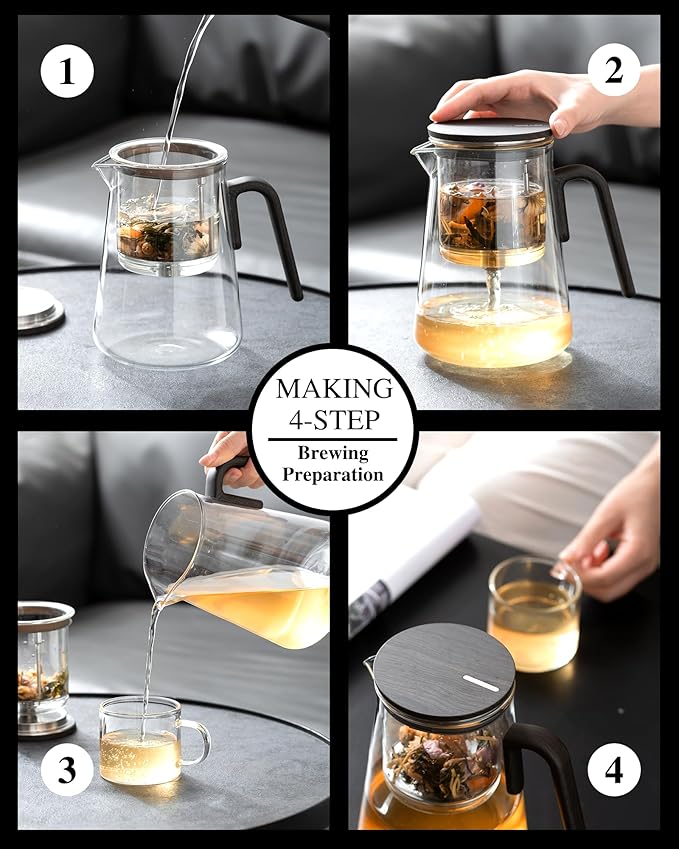 ZENS Magnetic Tea Pot, Large Enchanted Glass Teapot with Infuser and Magnetic Suction Lid for Mess-Free Loose Tea Diffusers, Black Walnut Pattern Handle, Tea Lovers Gifts