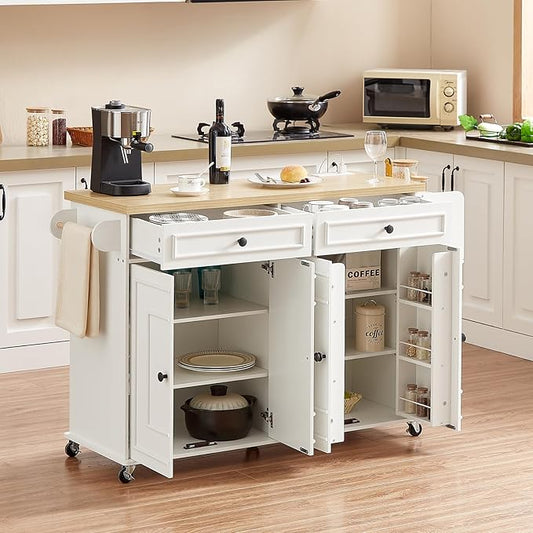 ONBRILL 58" Mobile Kitchen Island, Kitchen Island Cart with Power Outlet, Island Table for Kitchen, Home Bar Carts with Storage, Kitchen Rolling Island with Spice Rack & Towel Rack & Knife Holder