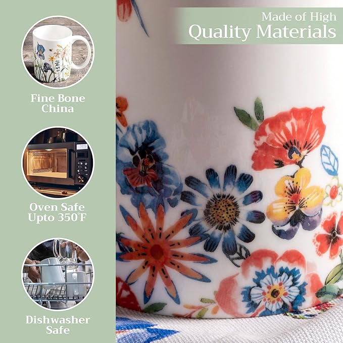 Maison d' Hermine Coffee Mug with Handles Fine Bone China Mugs Pack of Two Tea Cups for Hot Beverages Cappuccino Latte Home Restaurant Office Perfect for Gift (Happy Florals - High Summer, 15 Ounce)