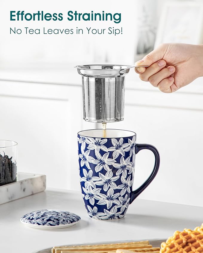 vancasso SELENE Porcelain Tea Mug, 18 oz Porcelain Tea Cup with Infuser and Lid Steeps Loose Leaf Tea, Microwave & Dishwasher Safe, Blossom Cluster
