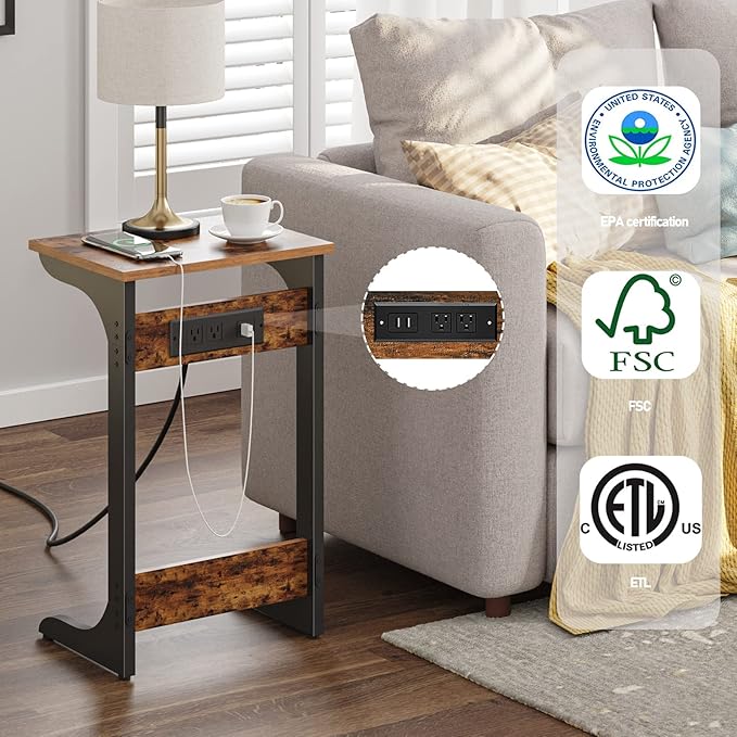 TUTOTAK C Shaped End Table with Charging Station, Set of 2, Couch Table, Tv Tray with 2 USB Ports and Outlets, Sofa Side Table for Small Spaces, Living Room, Bedroom TB01BB0442